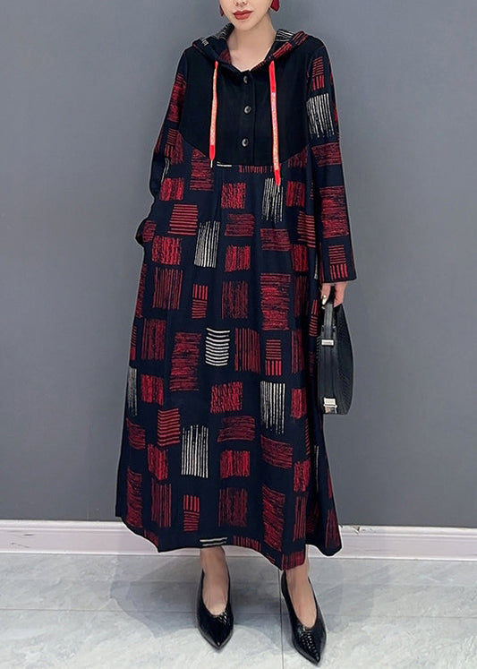 Women Red Hooded Plaid Patchwork Cotton Long Dress Fall