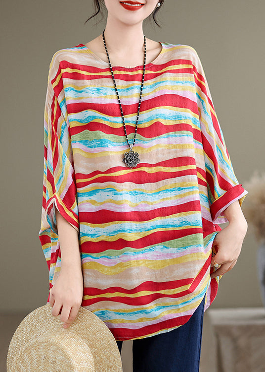 Women Red O Neck Striped Plus Size Cotton Blouse Tops Batwing Sleeve