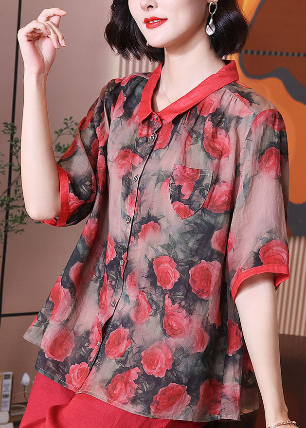 Women Red Peter Pan Collar Print Button Patchwork Linen Top Summer