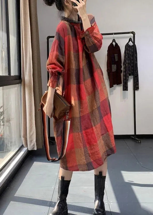 Women Red Plaid Patchwork Plus Size Cotton Dresses Fall