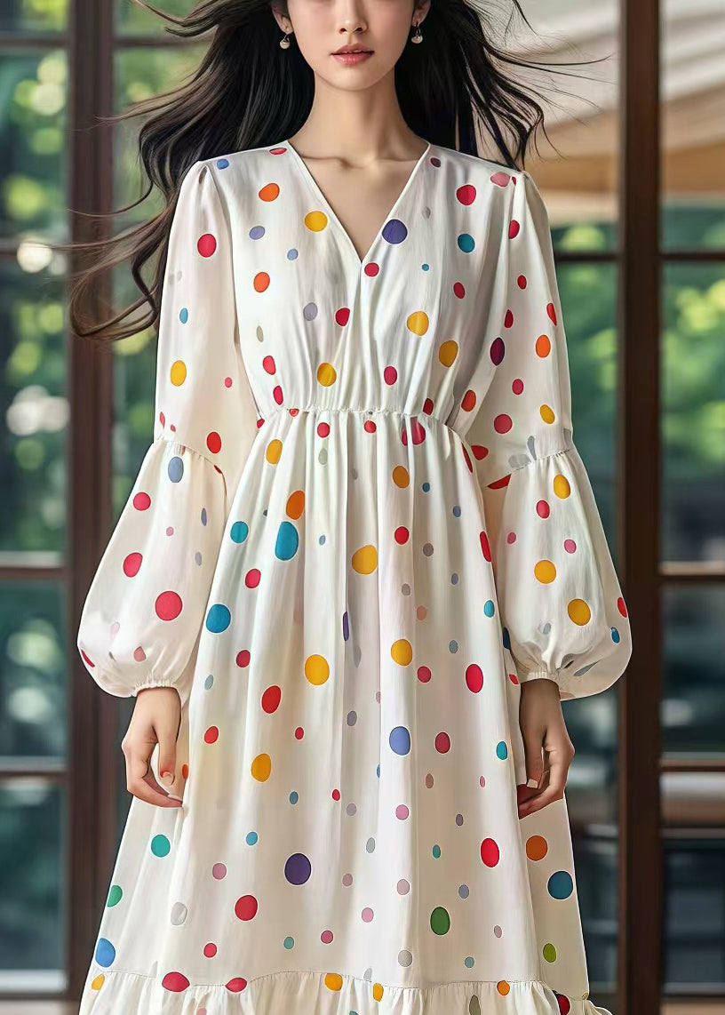 Women White Cinched Print Cotton Long Dress Lantern Sleeve