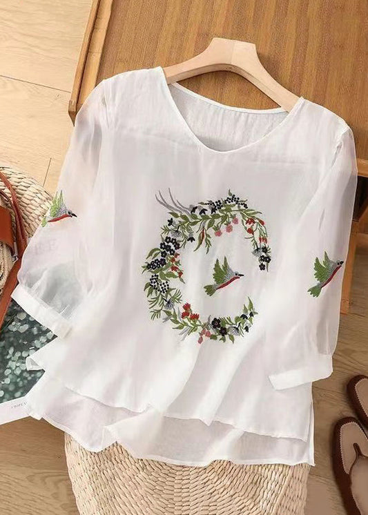 Women White O Neck Embroideried Cotton T Shirts Summer