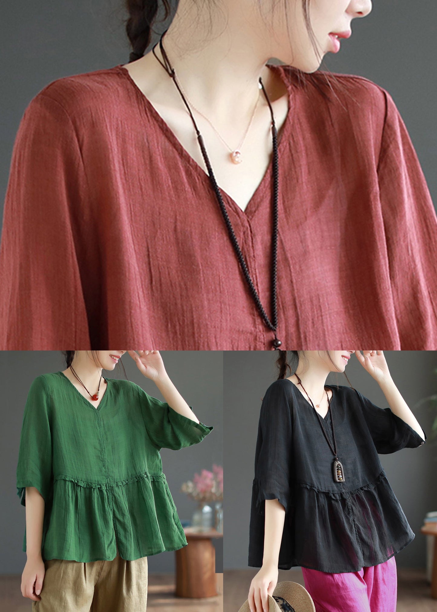 Women Wine Red Ruffled Side Open Patchwork Linen Shirts Summer