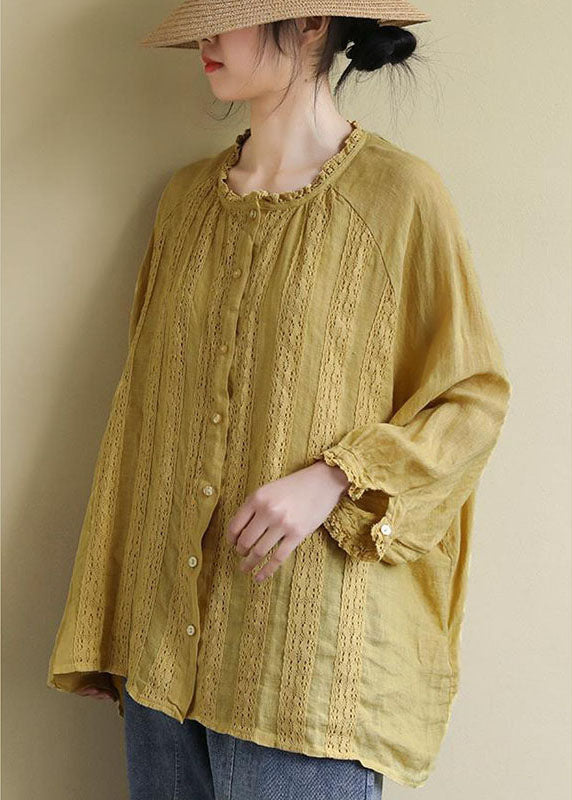 Women Yellow Button Embroideried Linen Shirts Long Sleeve