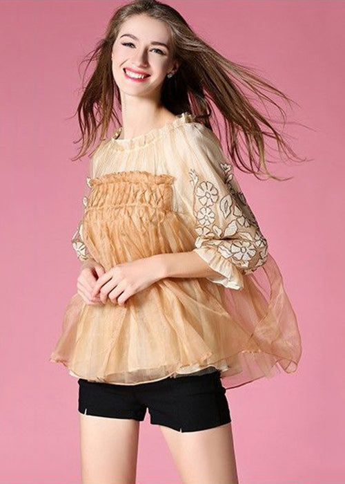 Women Yellow Embroidered Patchwork Tulle Shirt Top Spring