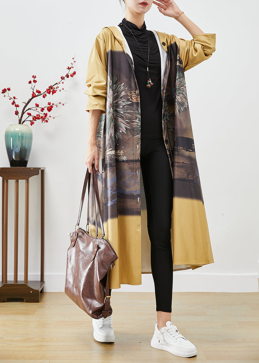 Women Yellow Hooded Print Cotton Trench Coats Fall