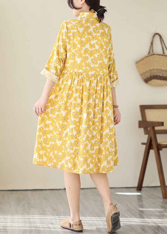 Women Yellow Peter Pan Collar Print Cotton Shirts Dresses Fall