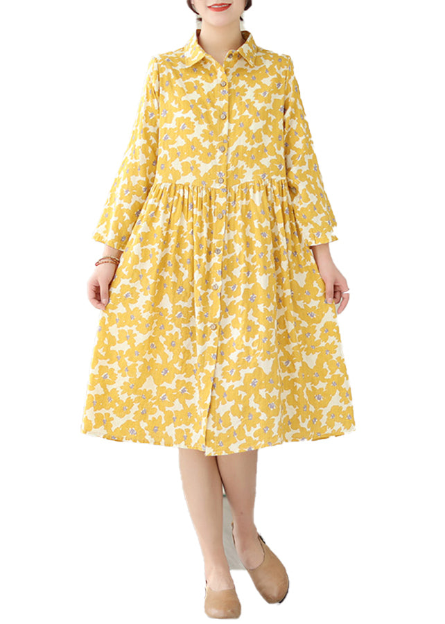 Women Yellow Peter Pan Collar Print Cotton Shirts Dresses Fall