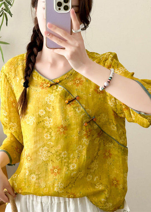 Women Yellow Print Chinese Button Linen Tops Fall