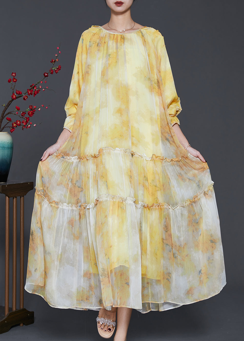 Women Yellow Ruffled Tie Dye Chiffon Maxi Dress Spring