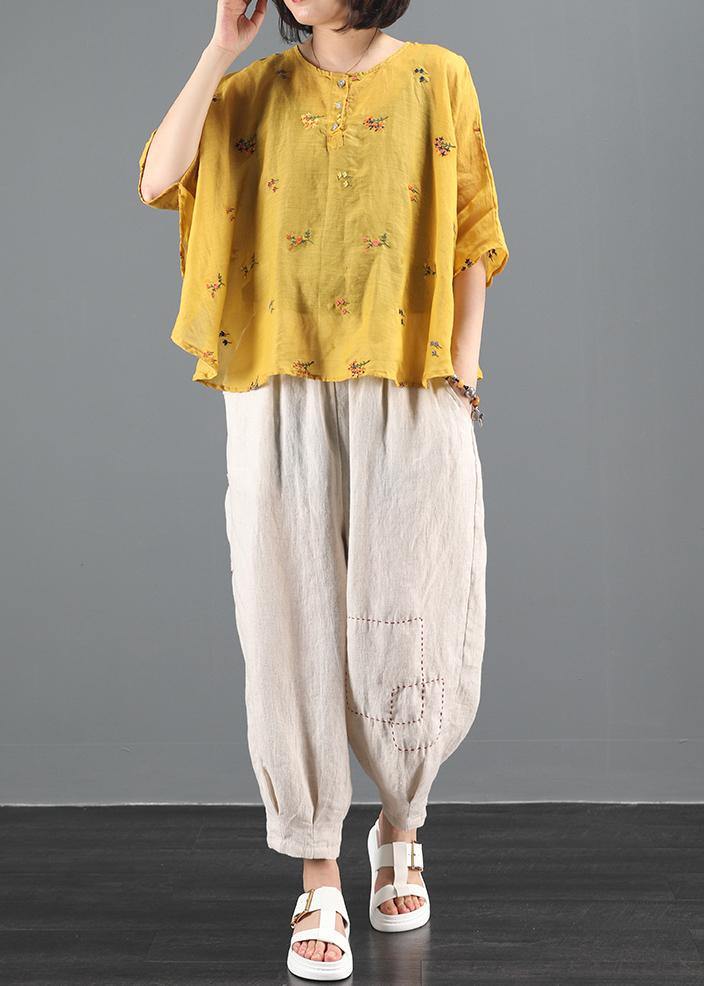 Women o neck Batwing Sleeve Tunic Wardrobes yellow embroidery blouses