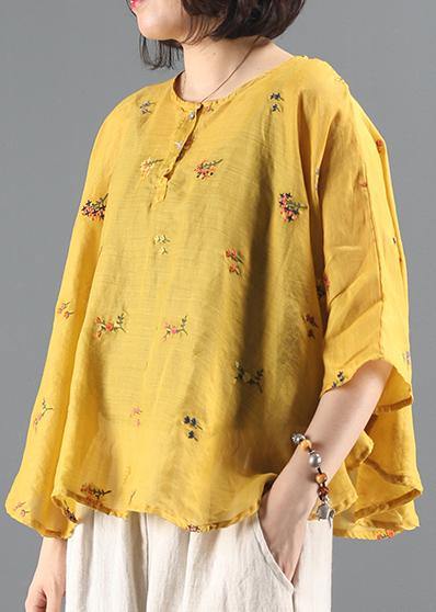 Women o neck Batwing Sleeve Tunic Wardrobes yellow embroidery blouses