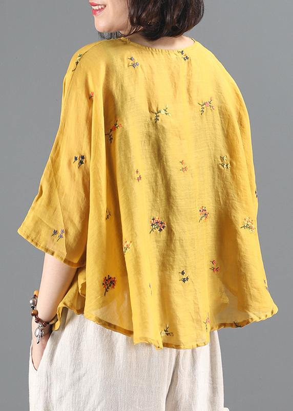 Women o neck Batwing Sleeve Tunic Wardrobes yellow embroidery blouses