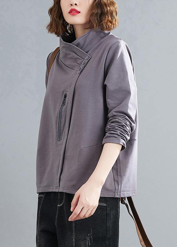 Women stand collar zippered clothes Photography gray blouses - SooLinen