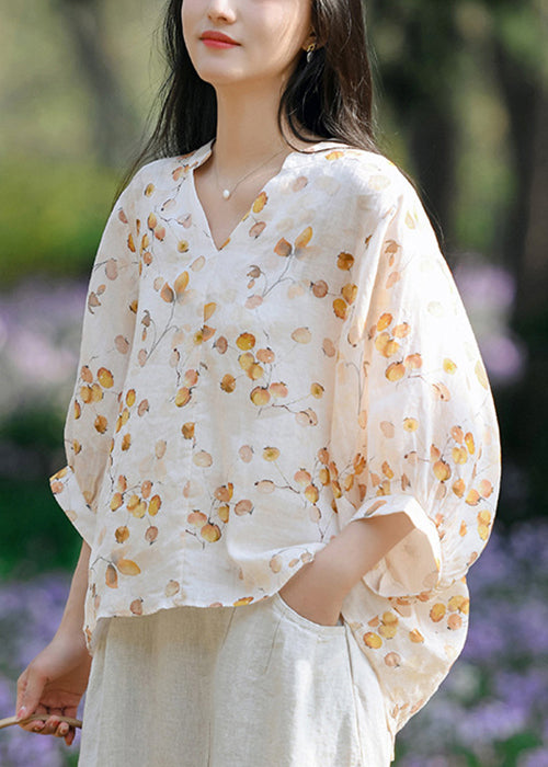 Yellow Low High Design Patchwork Linen Shirts V Neck Summer