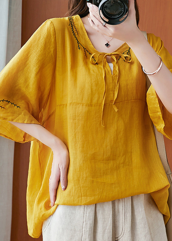 Yellow O-Neck Patchwork Solid Shirts Half Sleeve