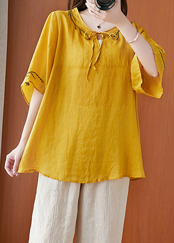 Yellow O-Neck Patchwork Solid Shirts Half Sleeve