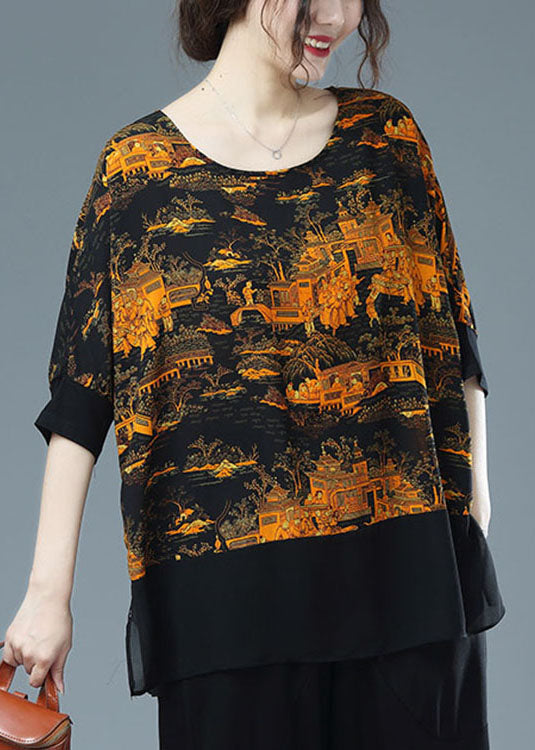 Yellow Patchwork Chiffon T Shirt Top O Neck Print Side Open Half Sleeve