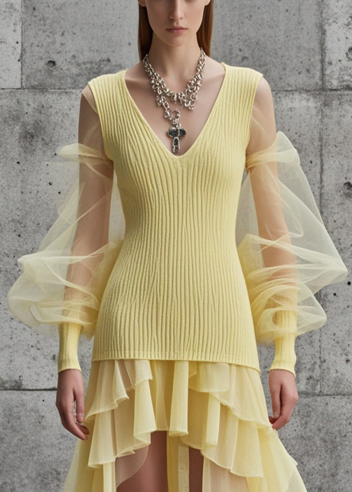 Yellow Patchwork Tulle Sweater Dress Low High Design Fall