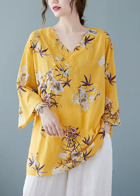 Yellow Print Cotton Shirts V Neck Chinese Button Summer