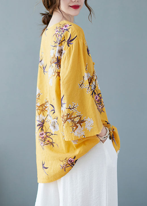 Yellow Print Cotton Shirts V Neck Chinese Button Summer