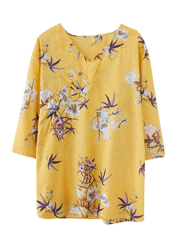 Yellow Print Cotton Shirts V Neck Chinese Button Summer