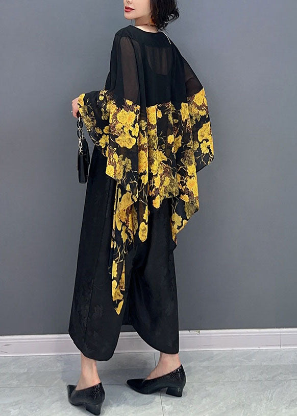 Yellow Print Patchwork Chiffon Top Asymmetrical Batwing Sleeve