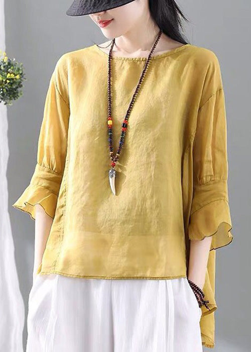 Yellow Ruffled Cotton T Shirt O Neck Half Sleeve