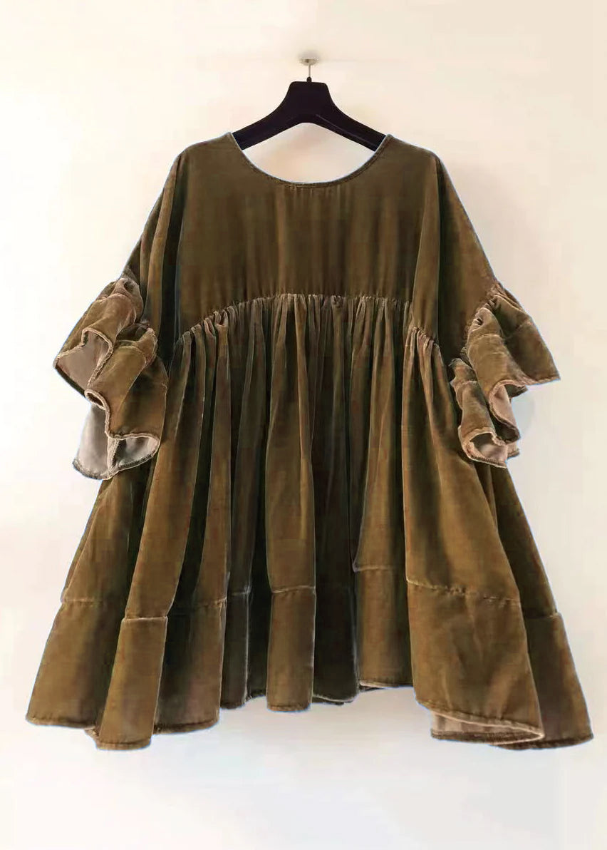 Plus Size Brown Wrinkled Patchwork Velour Short Dress Butterfly Sleeve