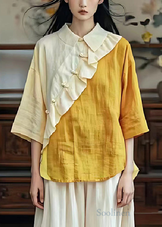 diy Yellow Ruffled Patchwork Linen Blouse Top Half Sleeve