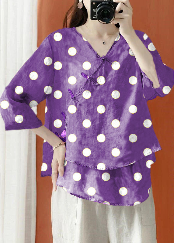 Beau pain de lin à imprimé asymétrique violet Blouses demi-manches