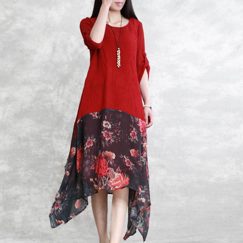 fashion red silk dress plus size clothing patchwork silk clothing dresses women asymmetric hem silk caftans