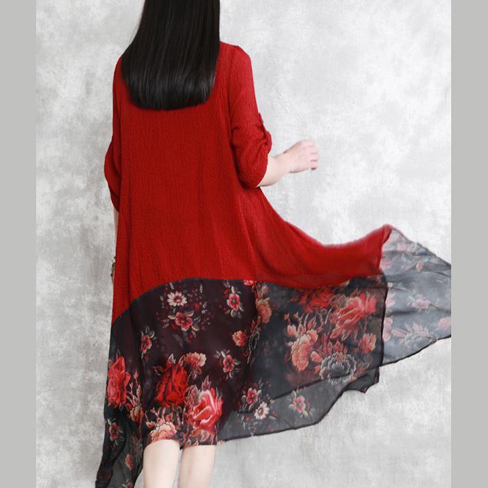 fashion red silk dress plus size clothing patchwork silk clothing dresses women asymmetric hem silk caftans