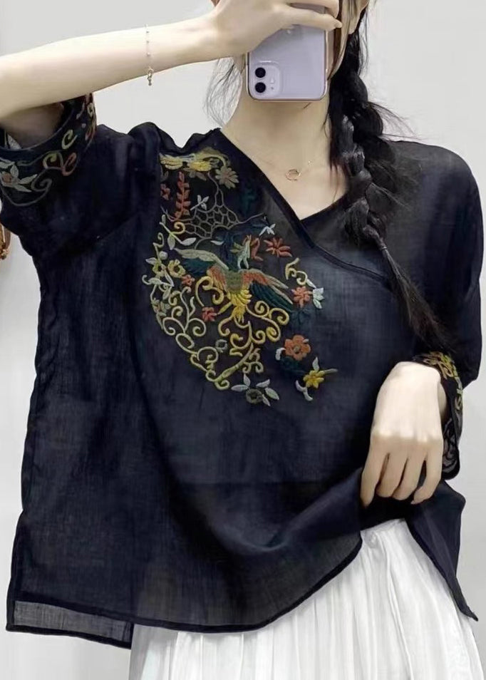 oose Black V Neck Embroidered Patchwork Linen Top Half Sleeve