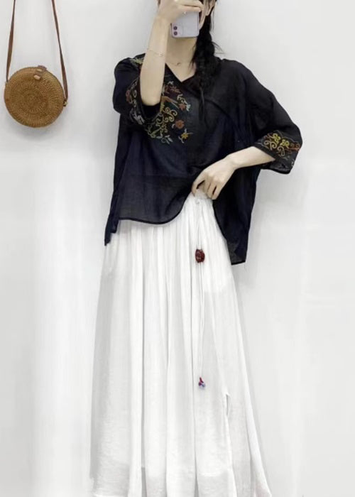 oose Black V Neck Embroidered Patchwork Linen Top Half Sleeve