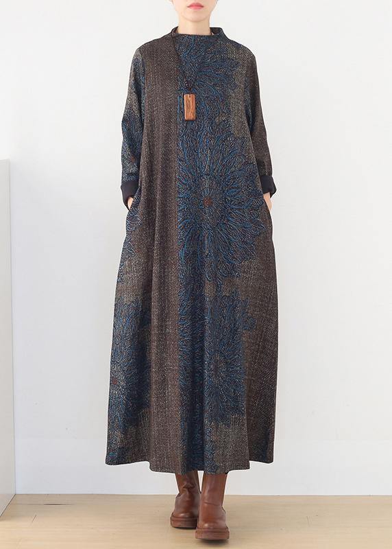 winter blue prints retro loose large size dress