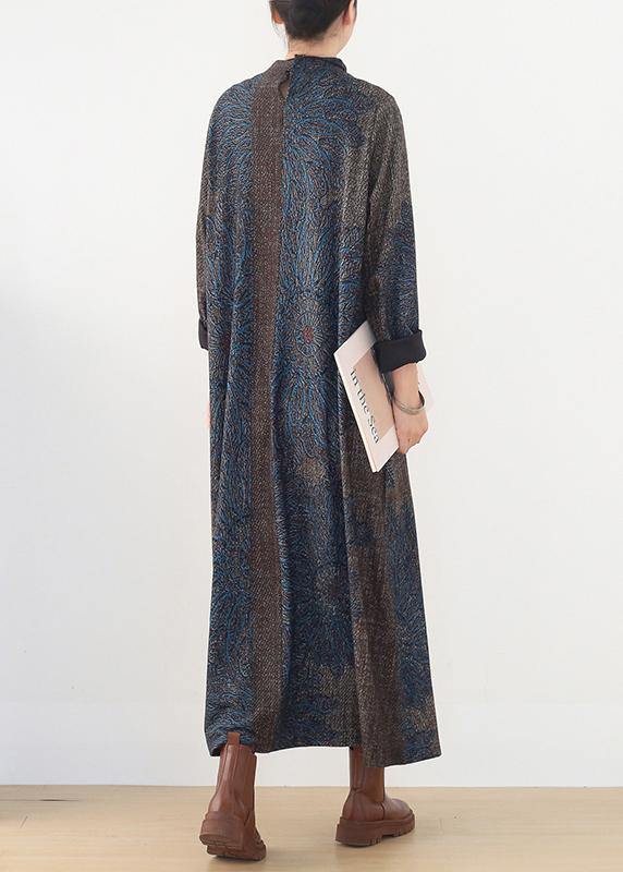 winter blue prints retro loose large size dress