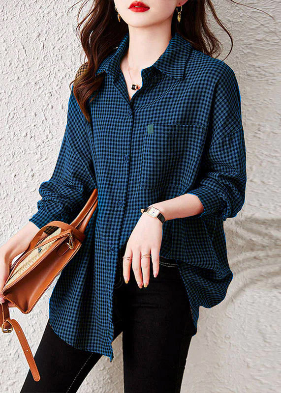 Plaid surdimensionné Peter Pan Collar Pockets Patchwork Coton Shirts Long Manneve