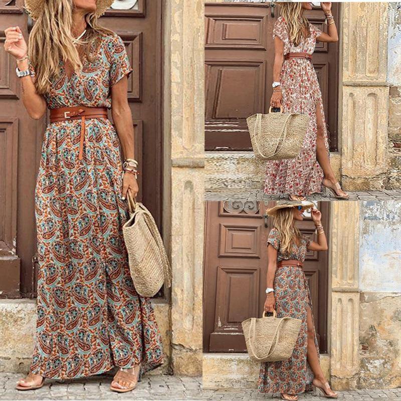 Summer Beach Maxi Dress Women Floral Print Boho Long Dress Casual V-Neck Split Sexy Party Dress Robe Femme - SooLinen