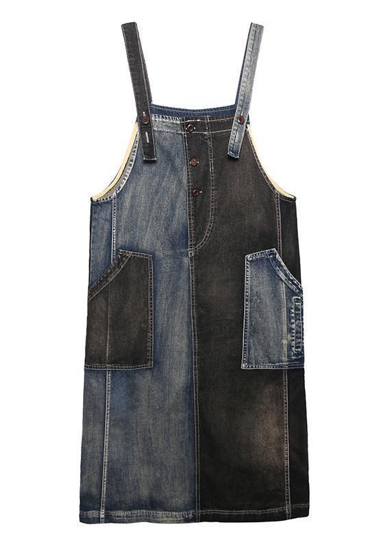 100% denim black cotton quilting clothes Sleeveless pockets Maxi Dresses - SooLinen