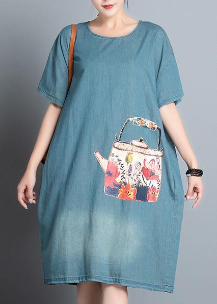 100% denim blue print dresses o neck pockets A Line summer Dress - SooLinen