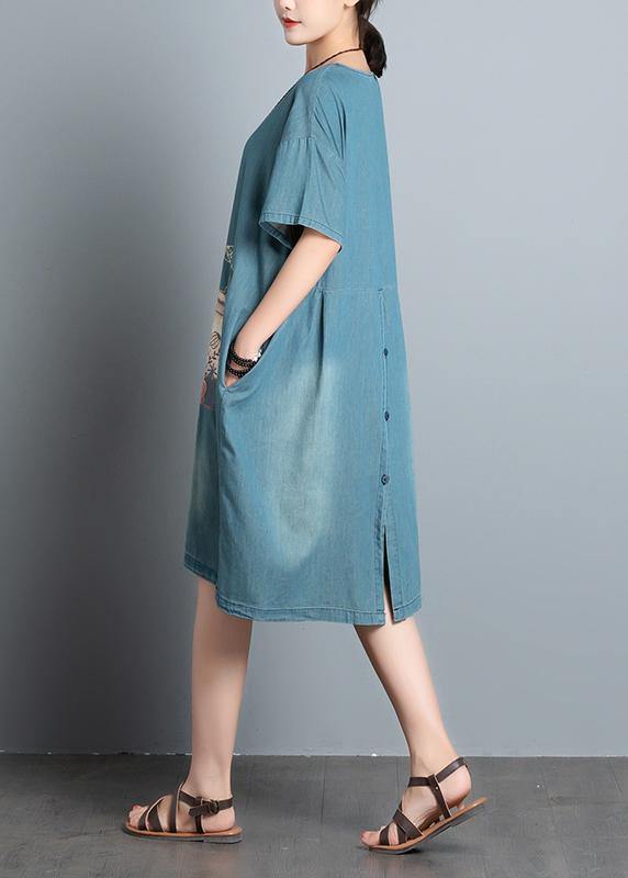 100% denim blue print dresses o neck pockets A Line summer Dress - SooLinen