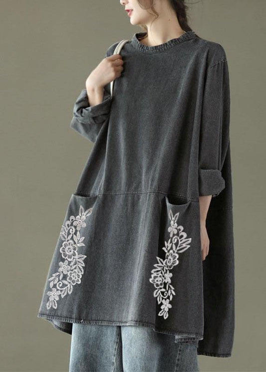 Boho Black Grey-White Flowers O-Leck Pockets Denim Robes longues à manches longues