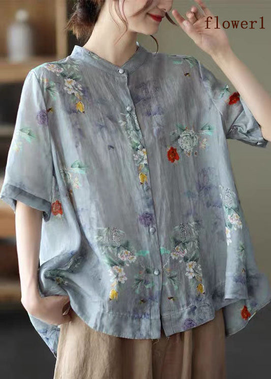 Elegant Blue Stand Collar Print Tops Half Sleeve