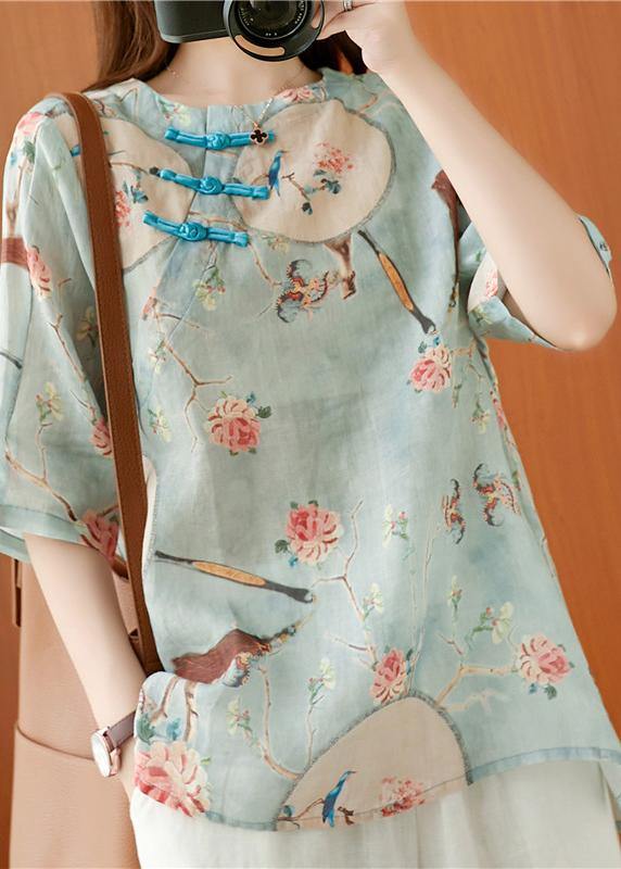 Women O Neck Half Sleeve Shirts Light Blue Print Baggy Shirts - SooLinen