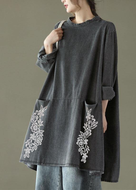 Boho Black Grey-blue flower O-Neck Pockets Denim Long Dresses Long Sleeve