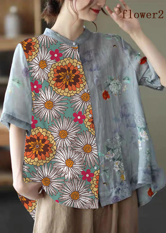 Elegant Blue Stand Collar Print Tops Half Sleeve