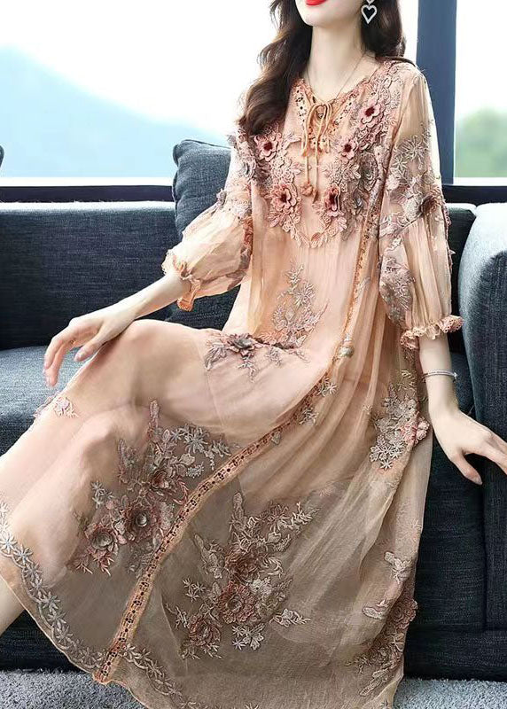 Elegant Beige Lace Up Jacquard Silk Holiday Dress Long Sleeve