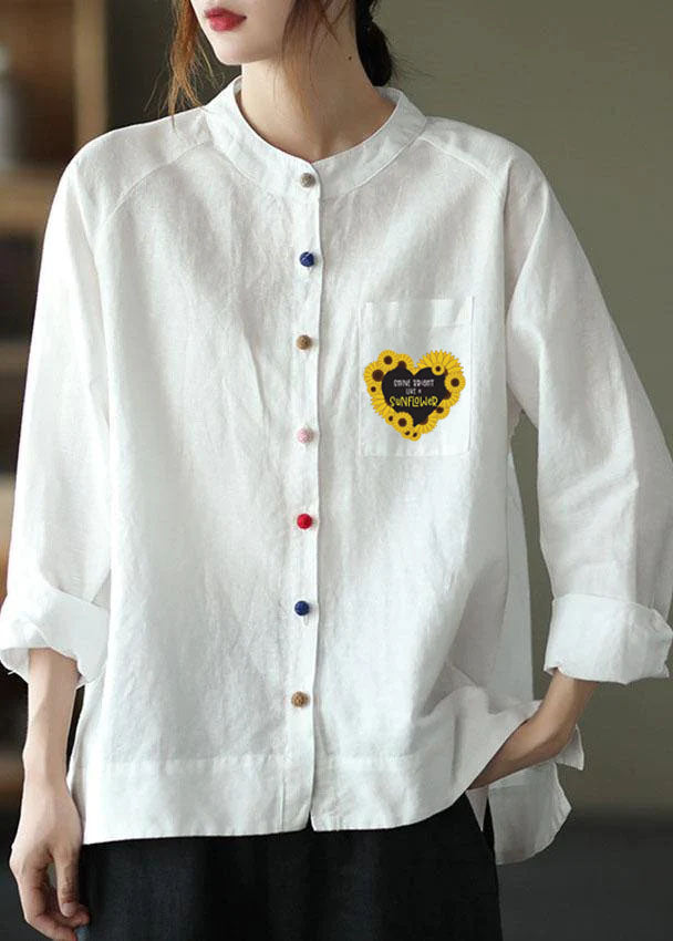 Modern White Loose Patchwork Pockets Fall Long Sleeve Blouse Top