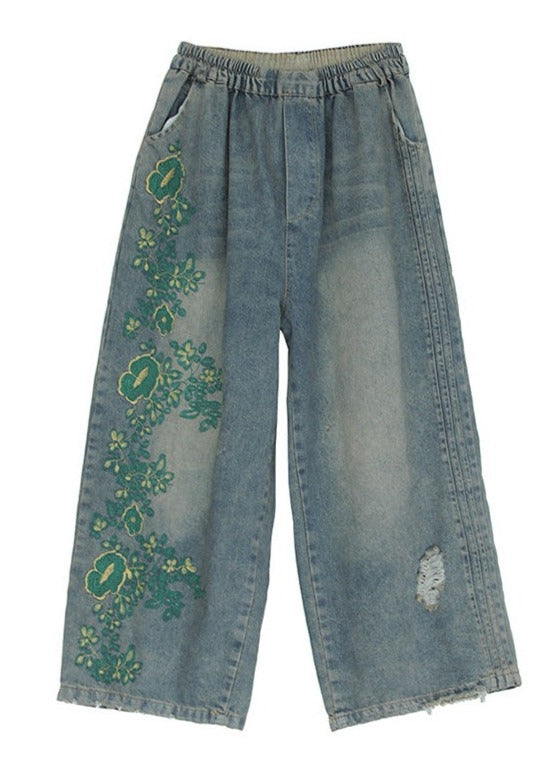 Pantalon denim à la colonne large brodée d'origine